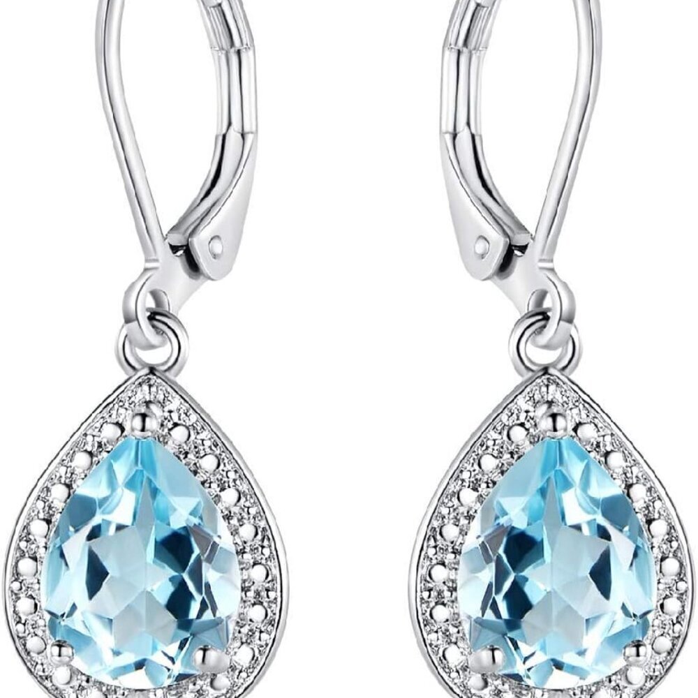 Drop Earrings 18K White Gold Plated Cubic Zirconia Sparkling Blue Topaz